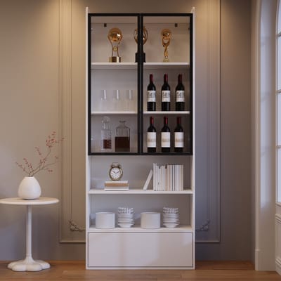 STILVORA Vitrinekast - Hoogglans Kast Met Led En Glazen Deuren - 1 Lade En 6 Vakken Voor Woonkamer - MDF En Glas - 80x34x180 Cm - Wit