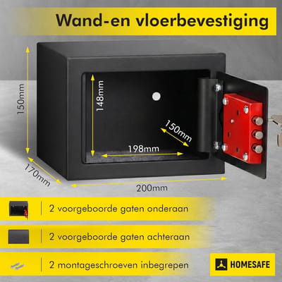 Homesafe HV15K Compacte Meubelkluis - Kleine Safe met Sleutelslot - Inbraakwerende Privékluis voor Geld, Sieraden en Paspoorten - Stalen Constructie incl. Montagebouten en Vloermat - Zwart RAL 9005