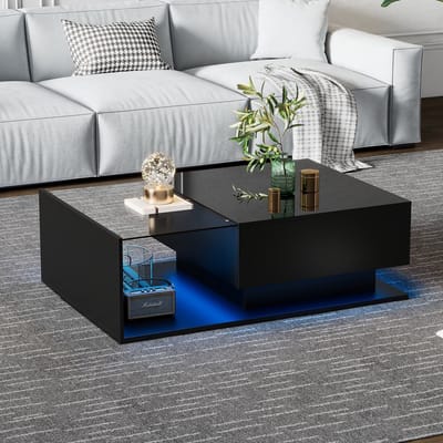 STILVORA Salontafel - Rechthoek 100x50x32 cm - Bijzettafel Met Lade En LED Hoogglans Paneel - Geschikt Voor Woonkamer En Slaapkamer - Hout - Zwart