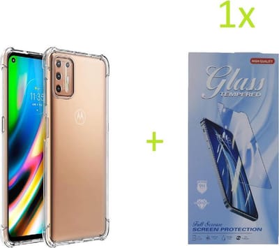 Hoesje Geschikt voor: Motorola Moto G9 Plus - Anti Shock Silicone Bumper - Transparant + 1X Tempered Glass Screenprotector