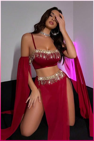 Purple-Daisy Luxe product Transparante tule Provocerende paillettenaccessoire 4-delige set Oosterse kostuum Sexy buikdanseressenoutfit PDS0049-R - Maat S/M - ROOD
