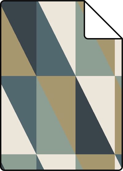 Proefstaal ESTAhome behang grafische driehoeken goud, groen en blauw - 26.5 x 21 cm - 139197-S