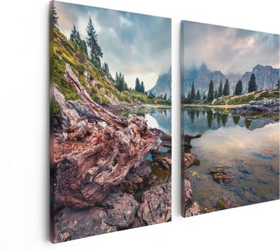 Artaza Canvas Schilderij Tweeluik Meer Met Rotsen In De Alpen Bergen - 80x60 - Foto Op Canvas - Canvas Print
