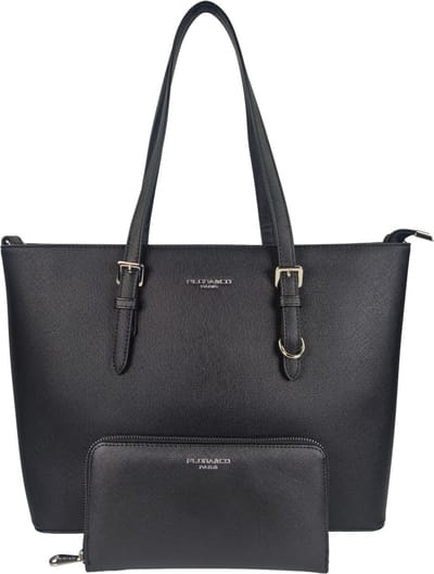 Flora & Co Grote Schoudertas / Tas Dames - Saffiano - Nora - geschikt voor A4 - Zwart - lange draagriem + bijpassende zip-arround portemonnee