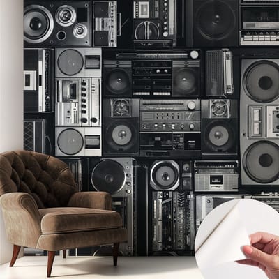 Coloray Zelfklevend Behang - Retro radio Zelfklevend fotobehang - 250x250 cm - Zwart Zelfklevend Behang - Voor op kantoor, voor de woonkamer, voor de hal - Herpositioneerbaar - Stickerbehang op rol