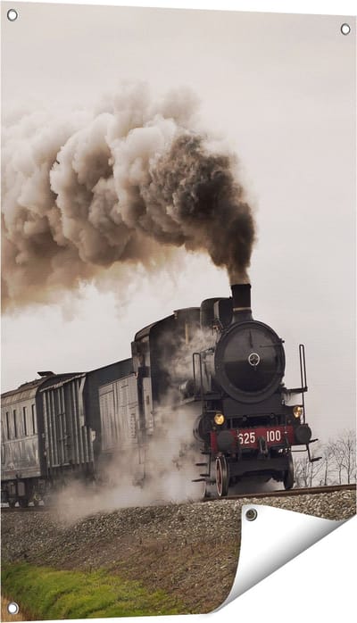 Gards Tuinposter Locomotief Trein met Rook Wolken - 60x90 cm - Tuindoek - Tuindecoratie - Wanddecoratie buiten - Tuinschilderij