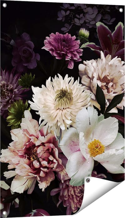 Gards Tuinposter Diverse Bloemen op Zwart Achtergrond - 60x90 cm - Tuindoek - Tuindecoratie - Wanddecoratie buiten - Tuinschilderij