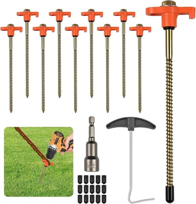 Set van 12 Rotating Tent Nails van 20,5 cm - Sterke Grondpinnen voor Camping, Tuin en Outdoor Activiteiten met Nageltrekker Adapter voor Accuschroevendraaier
