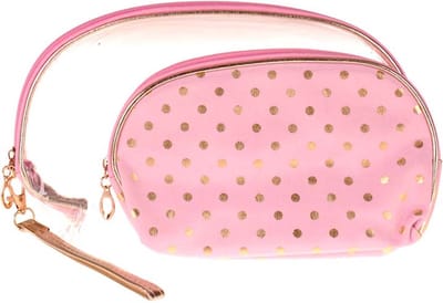 Toilettas Set Lichtroze - Transparant & Stof - Dots Goudkleurig - Rits & Handgreep - 21x13x2.5cm/26x16x6cm