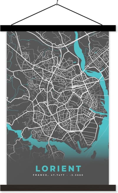 Posterhanger incl. Poster 40x60 cm - Schoolplaat - Stadskaart - Plattegrond - Kaart - Frankrijk - Lorient - Textielposter - Zwarte latten - Stadskaart