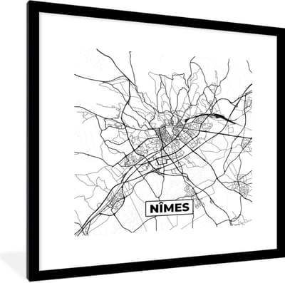Fotolijst incl. Poster Zwart Wit- Stadskaart - Plattegrond - Kaart - Frankrijk - Nîmes - Zwart wit - 40x40 cm - Posterlijst