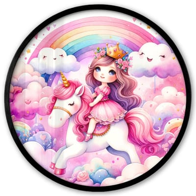 Poster in lijst Rond - Fotolijst 40x40 cm - Posters - Eenhoorn - Prinses - Unicorn - Roze - Regenboog - Ronde posterlijst zwart - Decoratie - Wanddecoratie woonkamer - Muurdecoratie slaapkamer