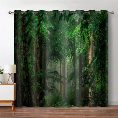 3D Bos Verduisterend Gordijn Jungle Boom Natuur Landschap Raamgordijn Woonkamer Slaapkamer Waterval Links en Rechts Openslaand 100W130H(CM)40x51in&Hook