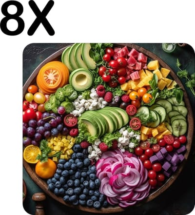 Luxe Placemat - Groente en Fruit in Kleine Stukjes - Set van 8 Placemats - 50x50 cm - 2 mm dik Vinyl - Anti Slip - Afneembaar