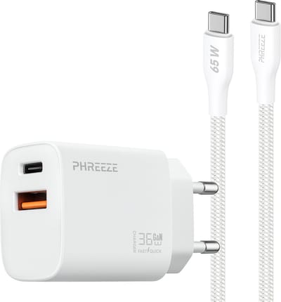 Phreeze usb C adapter 35w met usb C naar usb C kabel 1 meter - Snellader telefoon en tablet
