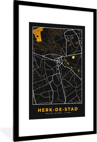 Fotolijst incl. Poster - Herk-de-Stad - Plattegrond - Kaart - Goud - Stadskaart - 80x120 cm - Posterlijst
