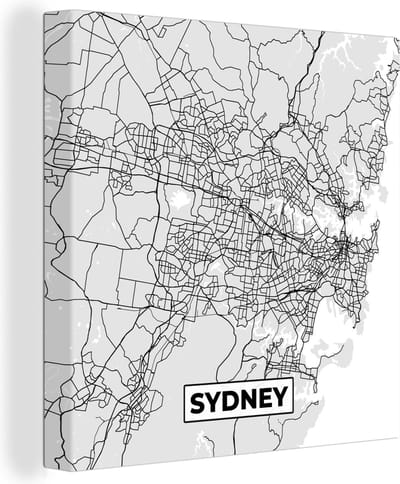 Canvas Schilderij Sydney - Stadskaart - Plattegrond - Zwart Wit - Kaart - 20x20 cm - Wanddecoratie