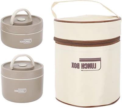 Isolerende Lunchbox van Roestvrij Staal, Multifunctionele Thermosdoos met Draagtas, Ideaal voor Werk en Picknick, 4-delig Beige Set