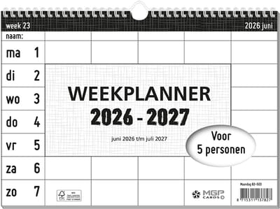 MGPcards - 14 Maanden weekplanner 2026-2027 - Familieplanner - Weekplanner - 5 Namen - Nederlandse en Belgische feestdagen - juni 2026 t/m juli 2027 - 27 x 24,5 cm