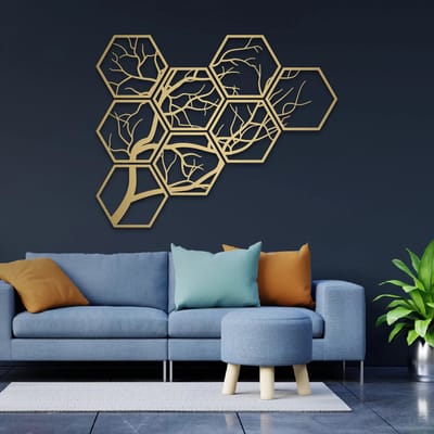 Metalen Wanddecoratie Levensboom – 3D Wandkunst – Goud – 131 x 165 cm – 8-hoek Set