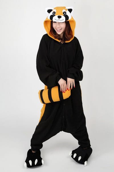 KIMU® Onesie Rode Panda Wasbeer Pak - Maat XS-S of 152-158 - Wasbeerpak Kostuum Bruin - Huispak Jumpsuit Dames Heren Overall Fleece Raccoon Festival