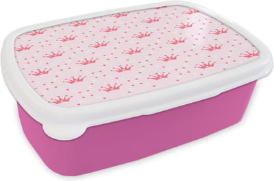 Broodtrommel Roze - Lunchbox - Brooddoos - Kroon - Patroon - Roze - 18x12x6 cm - Kinderen - Meisje