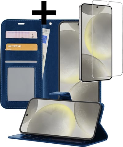 Hoesje - Met Screenprotector - Geschikt voor Samsung Galaxy S24 - Luxe Pasjeshouder - Bookcase Portemonee - Flip Case - Kunstleer Book Case - Flipcase - Book Cover - Walletcase - Portemonneehoes - Telefoonhoesjes - Donkerblauw