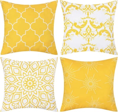 Set van 4 decoratieve kussenslopen - Voor buiten - Geel - Sierkussensloop met patroon - 40 x 40 cm - Polyester - Decoratie voor bank en kamer