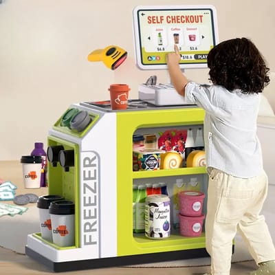 OODBLUE Supermarkt Speelgoed Kassa – Interactieve Speelset met Scanner, Licht & Geluid – Inclusief Speelgeld & 46 Accessoires