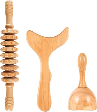 Houten Massage Set - Lymfedrainage en Cellulitis Verlichting - 3-delige Kit - Maderotherapie en Gua Sha Tool - Voor Lichaamsvorming en Spierontspanning - Natuurlijk Hout