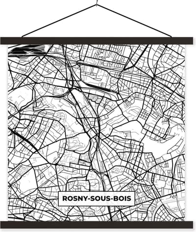 Posterhanger incl. Poster 60x60 cm - Schoolplaat - Plattegrond - Rosny-sous-Bois - Kaart - Frankrijk - Stadskaart - Zwart wit - Textielposter - Zwarte latten - Stadskaart
