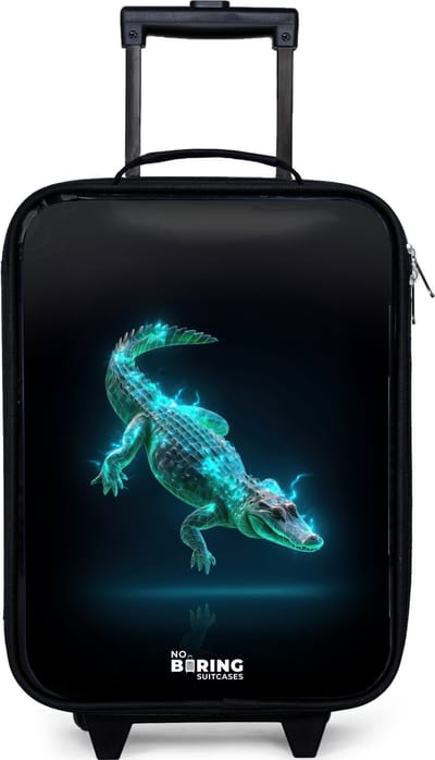 NoBoringSuitcases.com® - Kinderkoffer jongen - Kindertrolley meisje - Cyberkrokodil in actiehouding - Koffer kind lichtgewicht - Reiskoffer trolley voor kinderen - Koffertje met lichtgevende wieltjes - Rolkoffer zwart