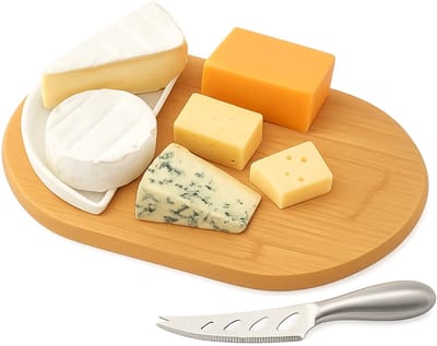 Lomera Kaasplank Set - Kaasplankje - Serveerplank - Ovaal Bamboe - Bakje & Mes - Porselein & Roestvrijstaal - Bamboe Kaasplank - Porseleinen Bakje - Roestvrijstalen Kaasmes - Ovale Plank - Serveerset - Kaas Serveerset