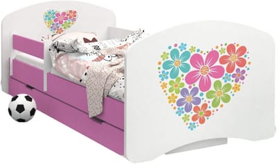 Kindereenpersoonsbed 180x90 met Schuiflade en Veilige Valbeveiliging Roze Hartjesdesign