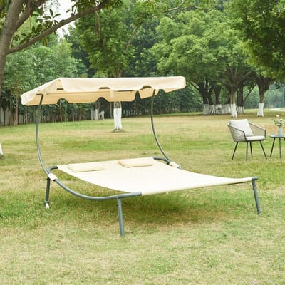 Dubbel Ligbed voor 2 Personen met Verstelbaar Zonnedak | Weerbestendige Tuinligstoel Beige