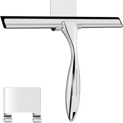 TOVBMUP 2 Stuks Douchesqueegee - Badkamersqueegee - 25,5x15,5 cm Squeegee met 5,5x5,5 cm Zuurvaste Kleefhaak - Ergonomisch Gebogen Handvat voor Geluidloos en Krassenvrij Gebruik - Geschikt voor Douchewanden, Spiegels en Ramen - Metaal en Siliconen