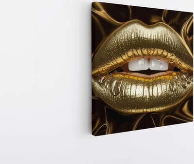 Saammp Canvas Schilderij - Vrouw - Goude lippen - abstract - 20x20 - Foto op canvas - Wanddecoratie - Muurdecoratie Woonkamer - Slaapkamer decoratie - Canvas Print