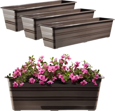 KADAX Set bloembak, balkonpot van kunststof, weerbestendige plantenbak, bloempot, balustrade, 3 x 60 cm, bruin