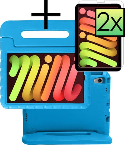 Hoes - Geschikt voor Apple iPad Mini 6 (2021) - 8.3 inch - 6e Generatie - Met 2x Screenprotector - Kinderhoes Shockproof Bumper - Kidsproof Case - Tablet Hoesje - Kinder Cover - Blauw