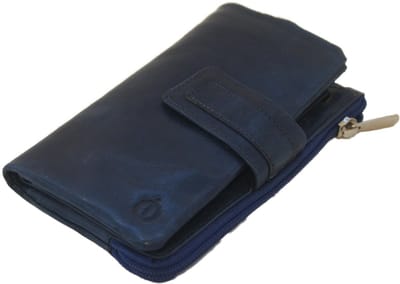 Oi vintage blauwe leren damesportemonnee zacht / zeer soepele damesbeurs met uitneembaar pasjesmapje / soft lederen portemonnee hoog model met ritsvak / diep blauw leer / 453Blue