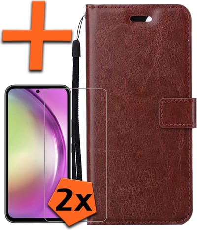 Hoes - Met 2x Screenprotector - Geschikt voor Samsung Galaxy A54 - Luxe Pasjeshouder - Bookcase Portemonee - Flip Case - Kunstleer Book Case - Flipcase Hoes - Book Cover - Walletcase - PortemonneeHoes - Bruin