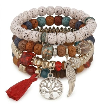 4-delige Armbanden set voor dames– Elastische Kralenarmbanden met Charms & Natuurlijke Accenten