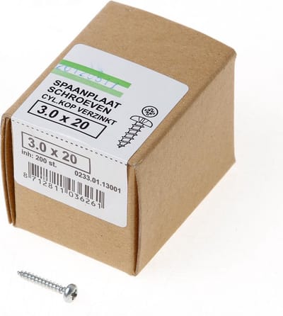 Hoenderdaal QZ Spaanplaatschroef cilinderkop verzinkt pozidriv 3.0x20mm (per 200 stuks)