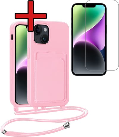 Hoesje Geschikt voor iPhone 13 Hoesje Met Telefoonkoord en Pasjeshouder Met Screenprotector Siliconen - Hoes Geschikt voor iPhone 13 Hoesje Met Kaarthouder Case - Lichtroze