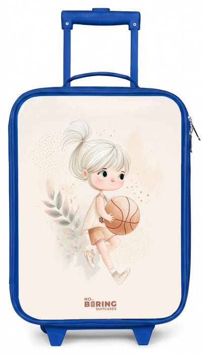 NoBoringSuitcases.com® - Kinderkoffer blauw - Kindertrolley jongen - Meisje met een basketbal in neutrale kleuren. - Koffer kind lichtgewicht - Reiskoffer trolley voor kinderen - Koffertje met lichtgevende wieltjes - Rolkoffer