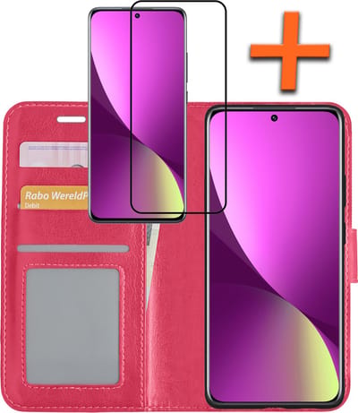 Hoes - Met Screenprotector - Geschikt voor Xiaomi 12 - Luxe Pasjeshouder - Bookcase Portemonee - Flip Case - Kunstleer Book Case - Flipcase - Book Cover - Walletcase - PortemonneeHoes - Donkerroze