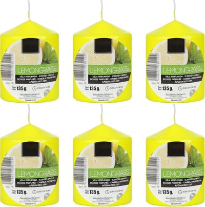 Set van 6 Cilindrische Geurkaarsen – 135 g – 24 Uur Brandduur – Milieuvriendelijke Was – Citroengras – Decoratief en Ontspannend