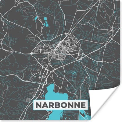 Poster Plattegrond – Kaart – Stadskaart – Frankrijk – Narbonne - 100x100 cm XXL