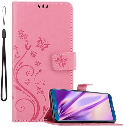Cadorabo Hoesje geschikt voor Honor 9 LITE in BLOEMEN ROZE - Beschermhoes in bloemmotief met magnetische sluiting, standfunctie en kaartsleuven Book Case Cover Etui