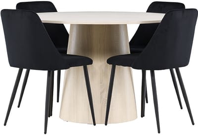 Lanzo eethoek tafel Ø120cm en 4 velours stoelen whitewash.